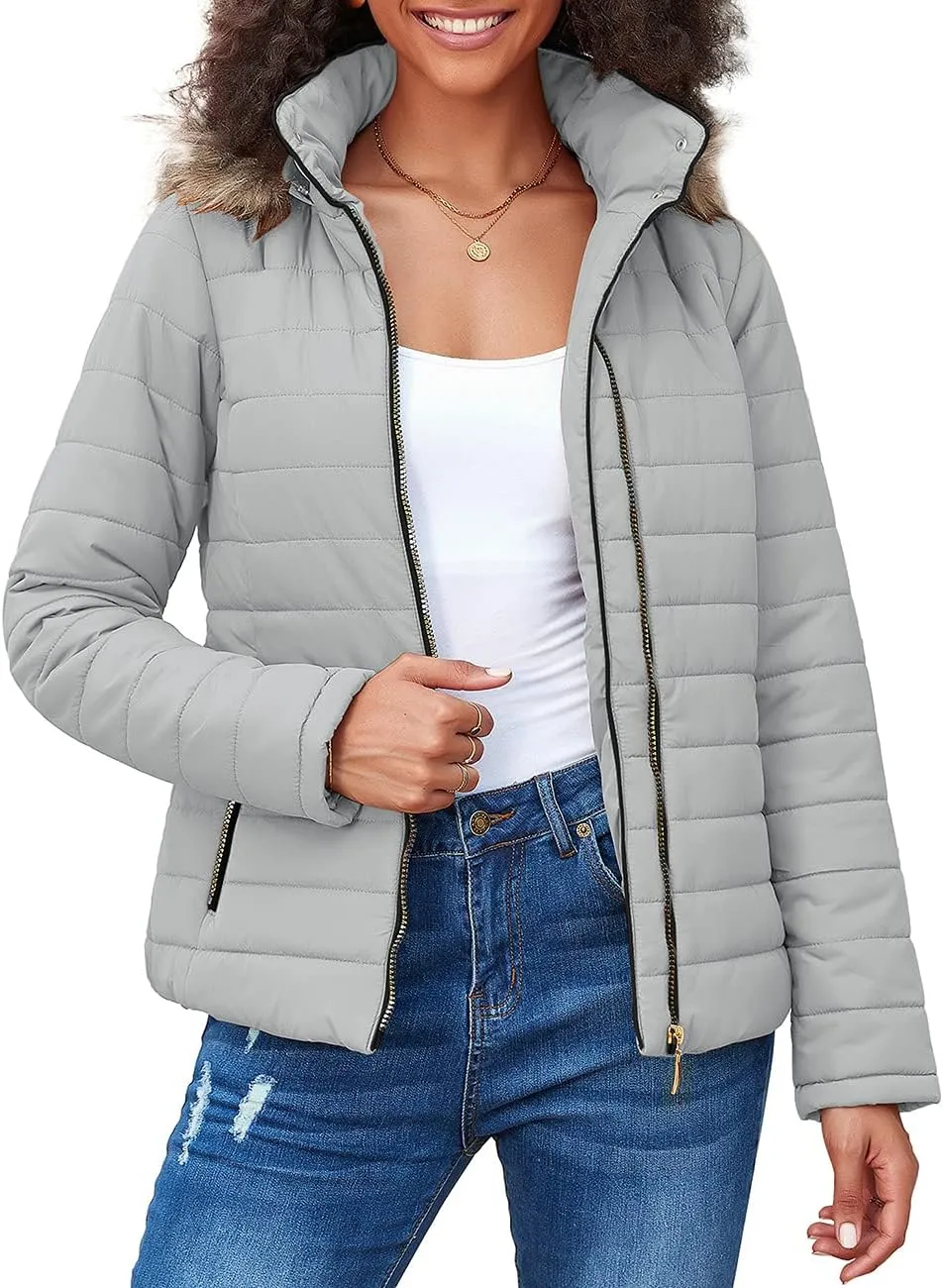 Vetinee Women Casual Faux Fur Lapel Zip Pockets Quilted Parka Jacket Puffer Coat