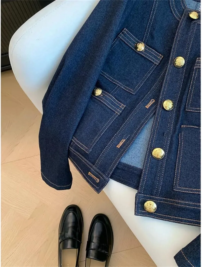 Vsadsau Women's Denim Jacket Long Sleeve Round Neck Solid Color Retro Buttons Office Casual Coats