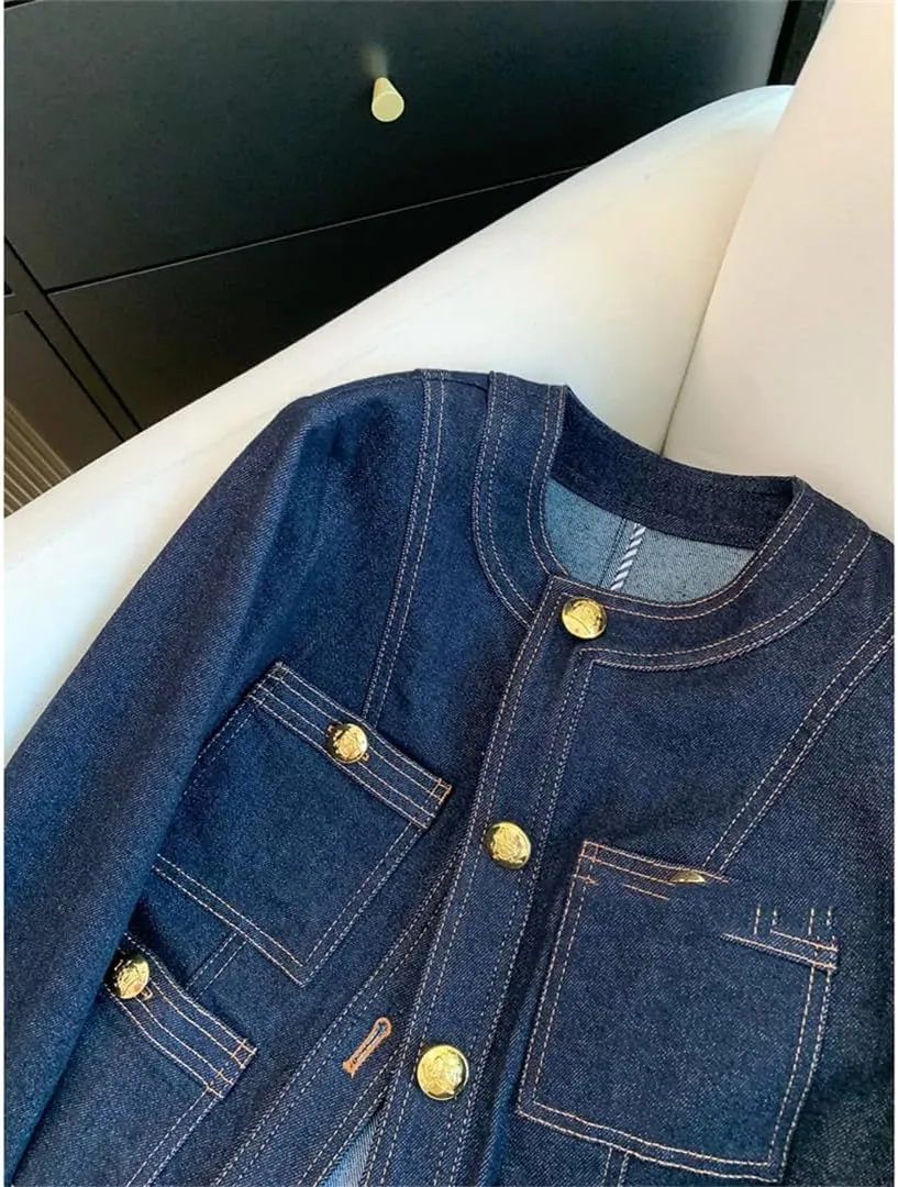 Vsadsau Women's Denim Jacket Long Sleeve Round Neck Solid Color Retro Buttons Office Casual Coats