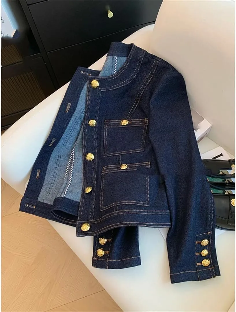 Vsadsau Women's Denim Jacket Long Sleeve Round Neck Solid Color Retro Buttons Office Casual Coats