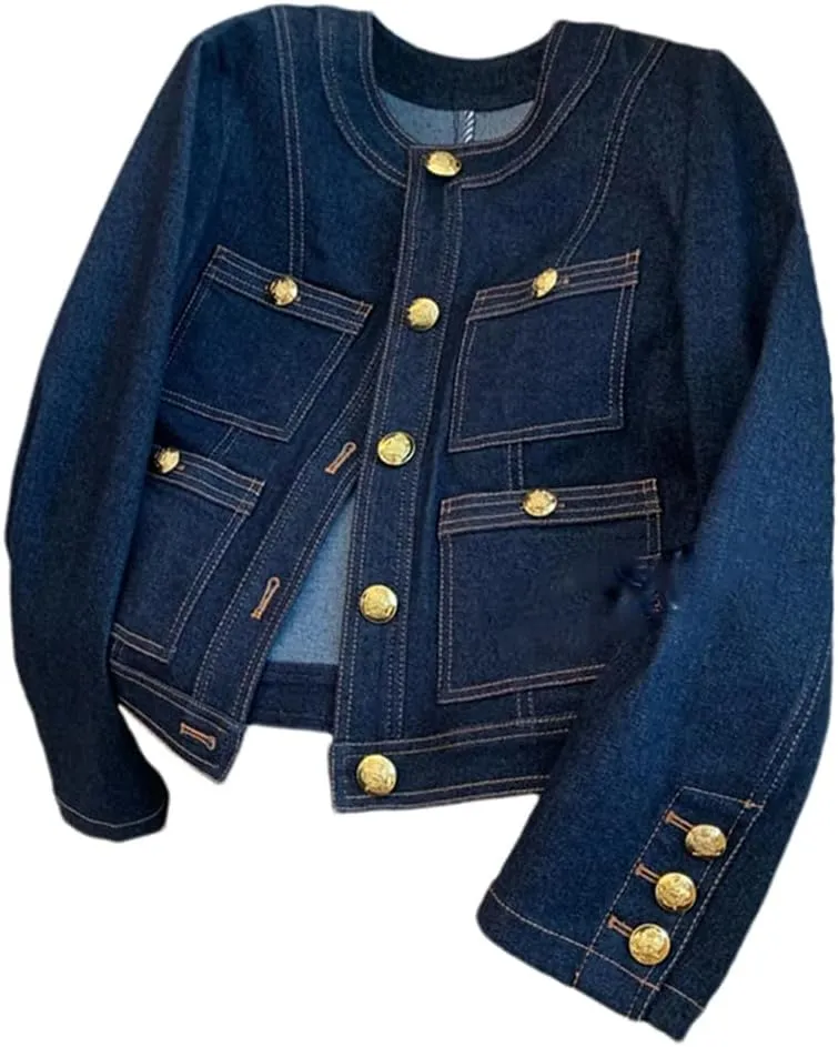 Vsadsau Women's Denim Jacket Long Sleeve Round Neck Solid Color Retro Buttons Office Casual Coats