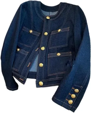 Vsadsau Women's Denim Jacket Long Sleeve Round Neck Solid Color Retro Buttons Office Casual Coats