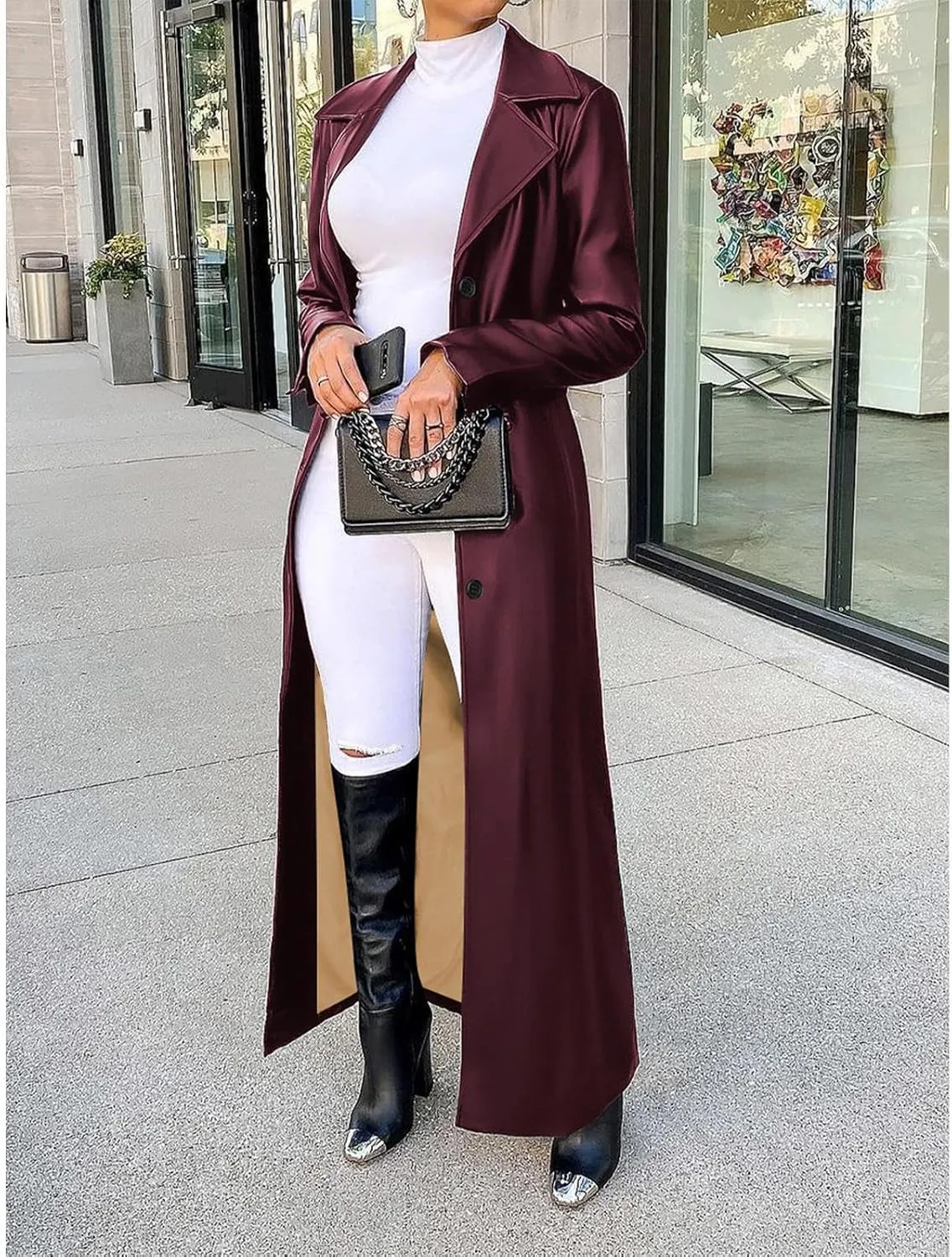 watersouprty Women's Long PU leather Slim Cardigan Vintage Outerwear Maxi Long Sleeve Blazers Coat