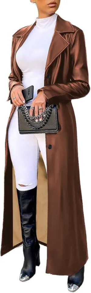 watersouprty Women's Long PU leather Slim Cardigan Vintage Outerwear Maxi Long Sleeve Blazers Coat