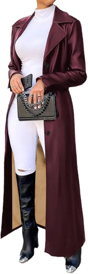 watersouprty Women's Long PU leather Slim Cardigan Vintage Outerwear Maxi Long Sleeve Blazers Coat
