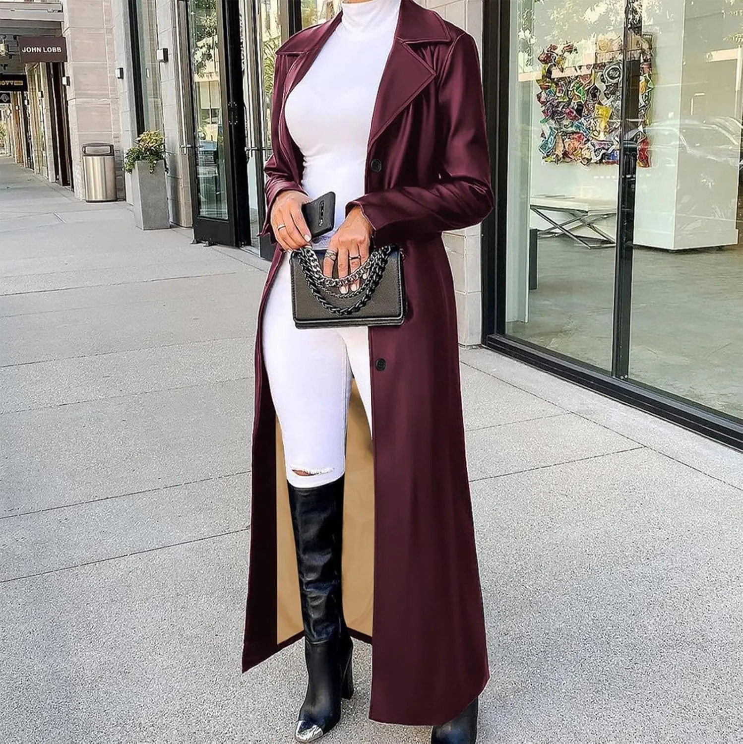 watersouprty Women's Long PU leather Slim Cardigan Vintage Outerwear Maxi Long Sleeve Blazers Coat