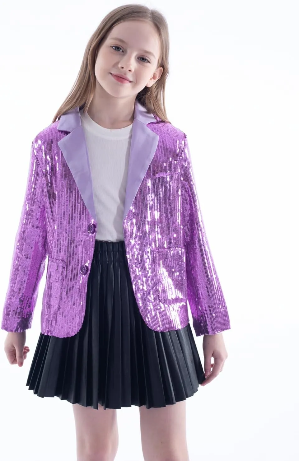 WELAKEN Girls Sequin Blazers Jacket Long Sleeve Notched Lapel Button Down Suit Coat with Pockets