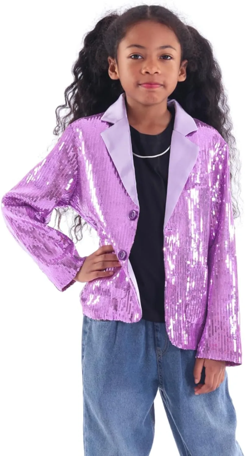 WELAKEN Girls Sequin Blazers Jacket Long Sleeve Notched Lapel Button Down Suit Coat with Pockets