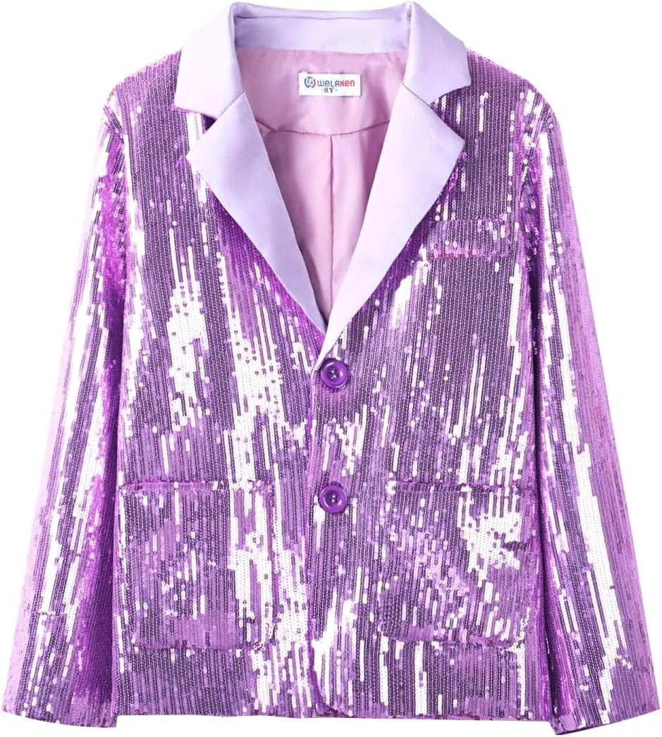 WELAKEN Girls Sequin Blazers Jacket Long Sleeve Notched Lapel Button Down Suit Coat with Pockets
