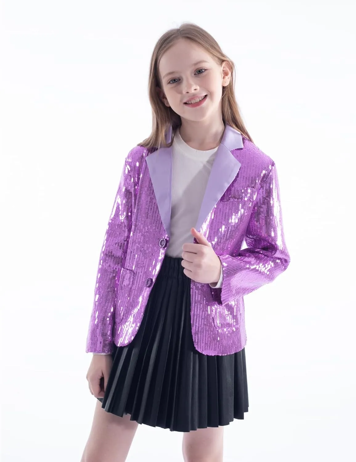 WELAKEN Girls Sequin Blazers Jacket Long Sleeve Notched Lapel Button Down Suit Coat with Pockets