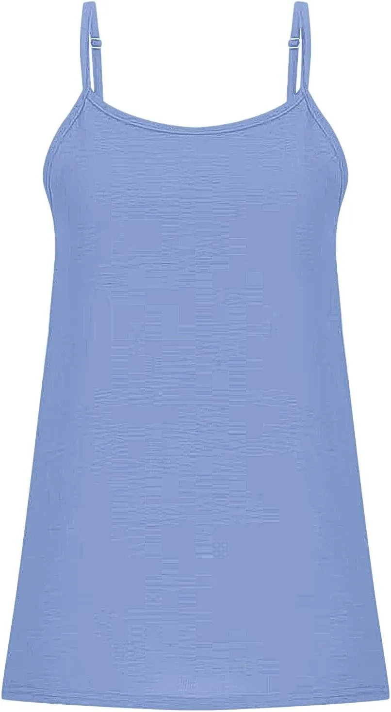 Women Basic Solid Color Crew Neck Camisole Adjustable Spaghetti Strap Ice Silk Wrinkled Backless Loose Tank Top