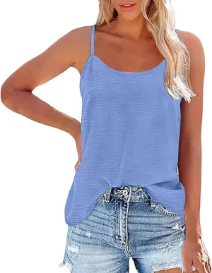 Women Basic Solid Color Crew Neck Camisole Adjustable Spaghetti Strap Ice Silk Wrinkled Backless Loose Tank Top