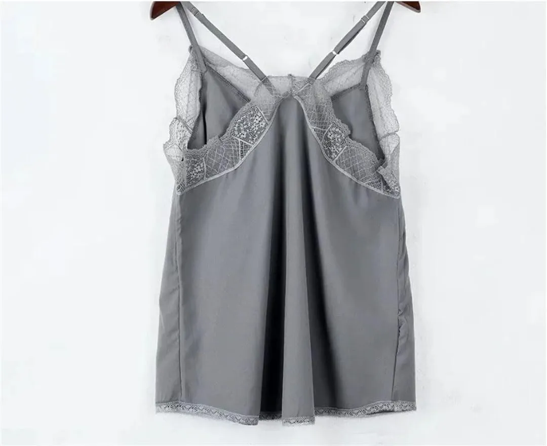 Women Elegant Satin Camisole Plain Strappy Sleeveless Blouse French Tuning Delicate Lace Vest