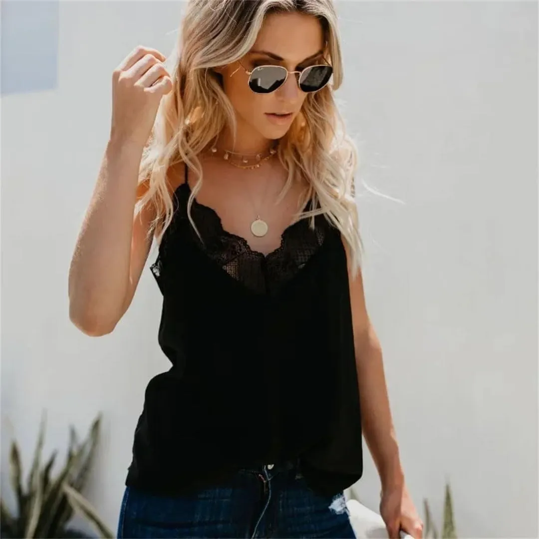 Women Elegant Satin Camisole Plain Strappy Sleeveless Blouse French Tuning Delicate Lace Vest