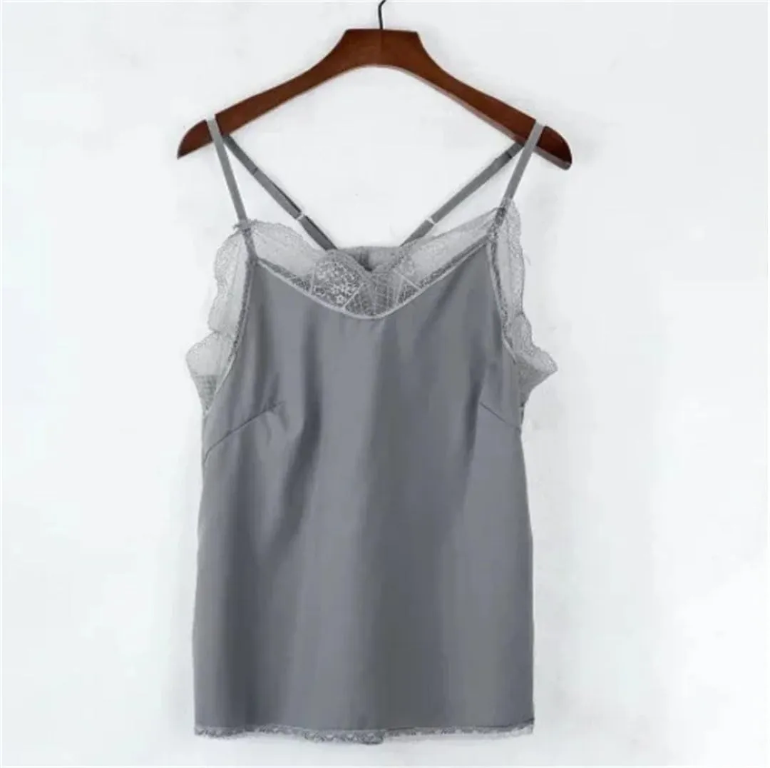 Women Elegant Satin Camisole Plain Strappy Sleeveless Blouse French Tuning Delicate Lace Vest