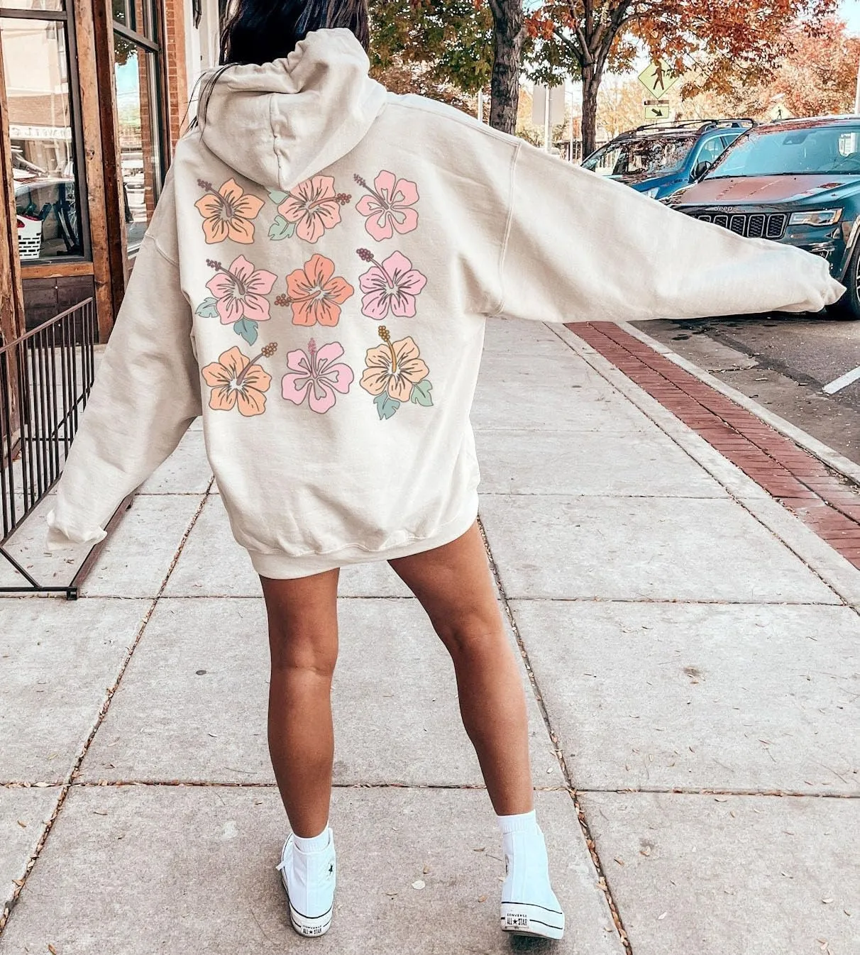Women Floral Print Preppy Hoodies Y2k Long Sleeve Oversized Sweatshirt Aesthetic Flower Graphic Hooded Pullover Top