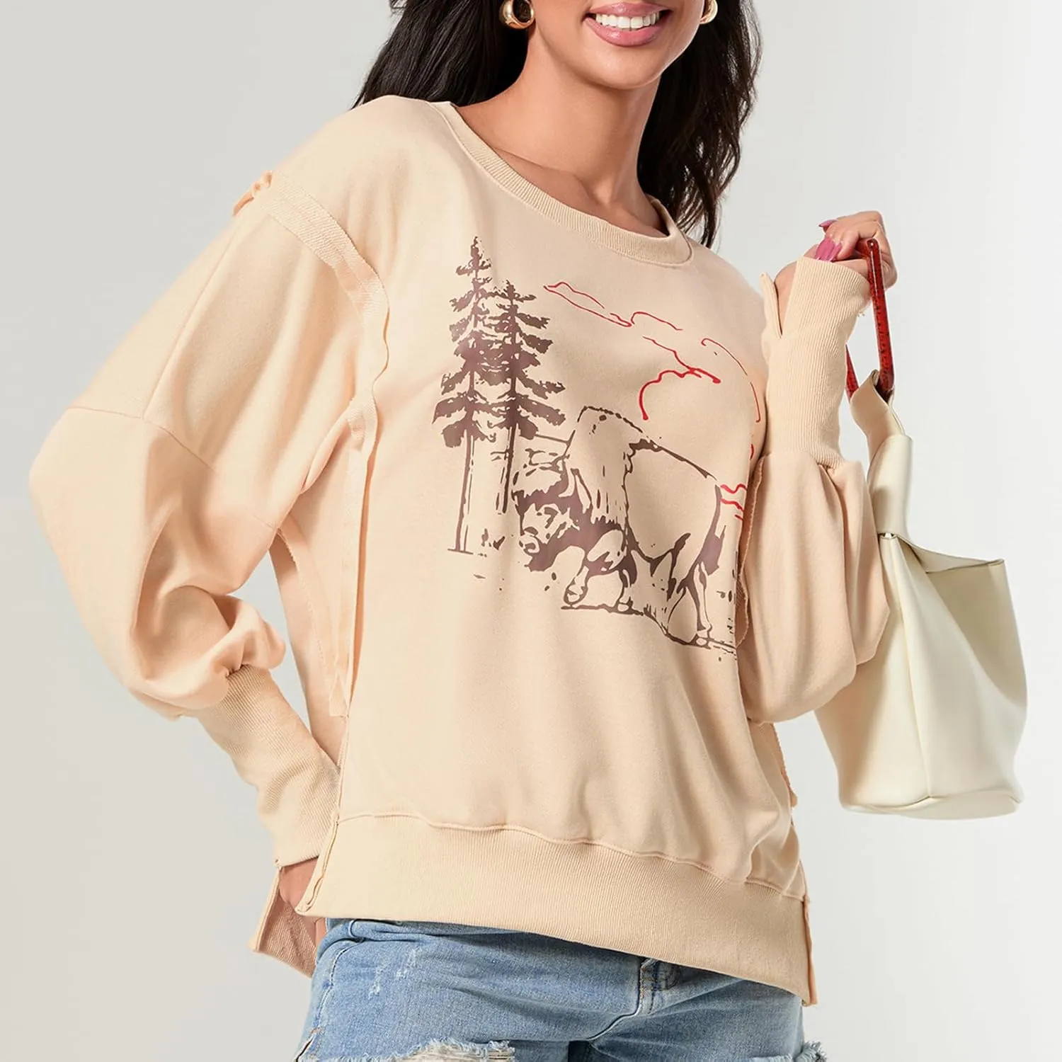 Women Oversized Star Graphic Sweatshirt Long Sleeve Drop Shoulder Shirts Top Y2k Retro Aesthetic Pullover Hoodies