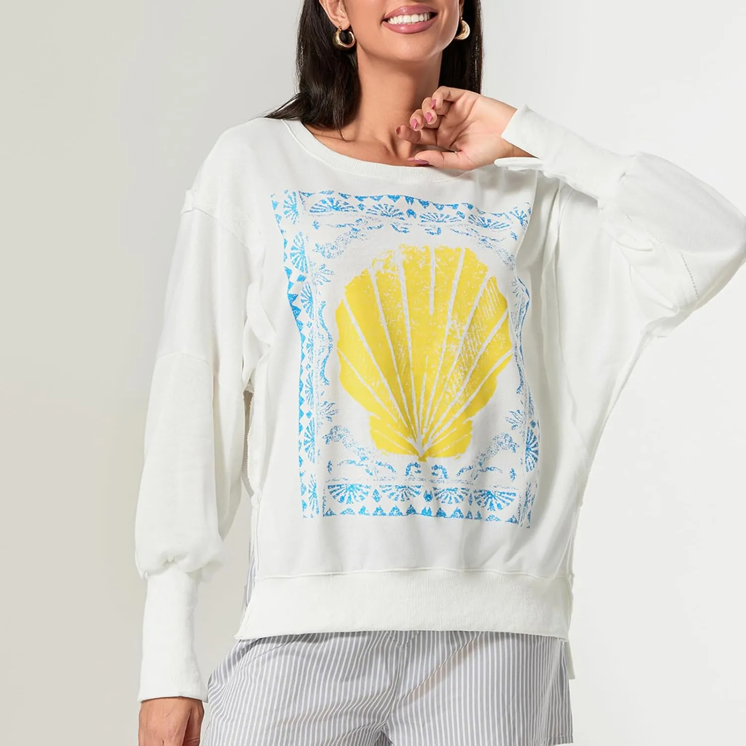 Women Oversized Star Graphic Sweatshirt Long Sleeve Drop Shoulder Shirts Top Y2k Retro Aesthetic Pullover Hoodies
