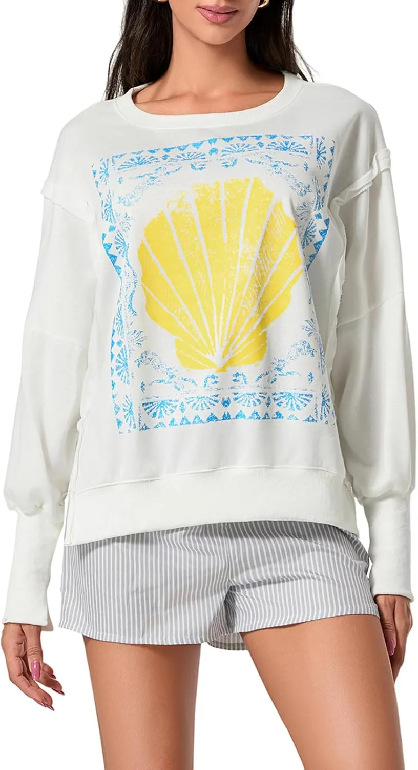 Women Oversized Star Graphic Sweatshirt Long Sleeve Drop Shoulder Shirts Top Y2k Retro Aesthetic Pullover Hoodies