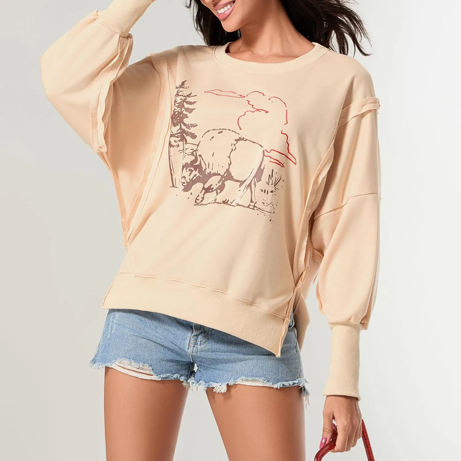 Women Oversized Star Graphic Sweatshirt Long Sleeve Drop Shoulder Shirts Top Y2k Retro Aesthetic Pullover Hoodies