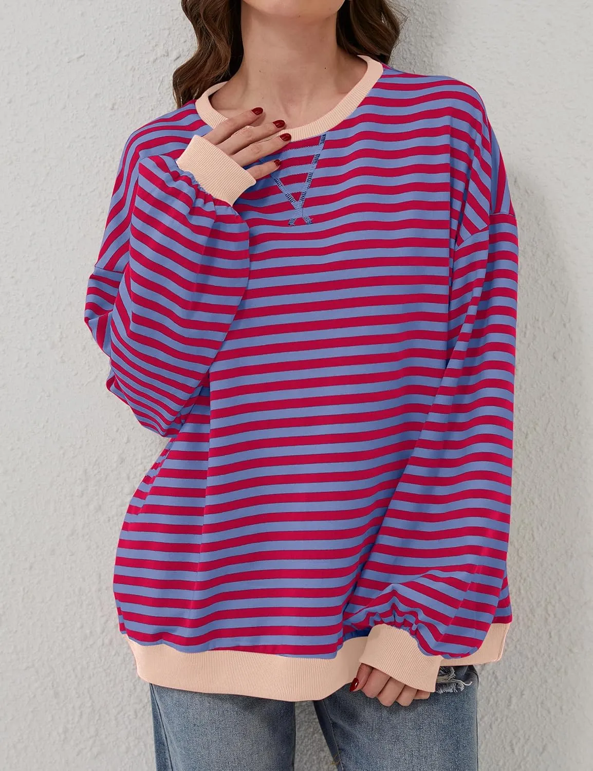 Women Oversized Striped Color Block Long Sleeve Crew Neck Sweatshirt Casual Loose Pullover Y2K Shirt Top