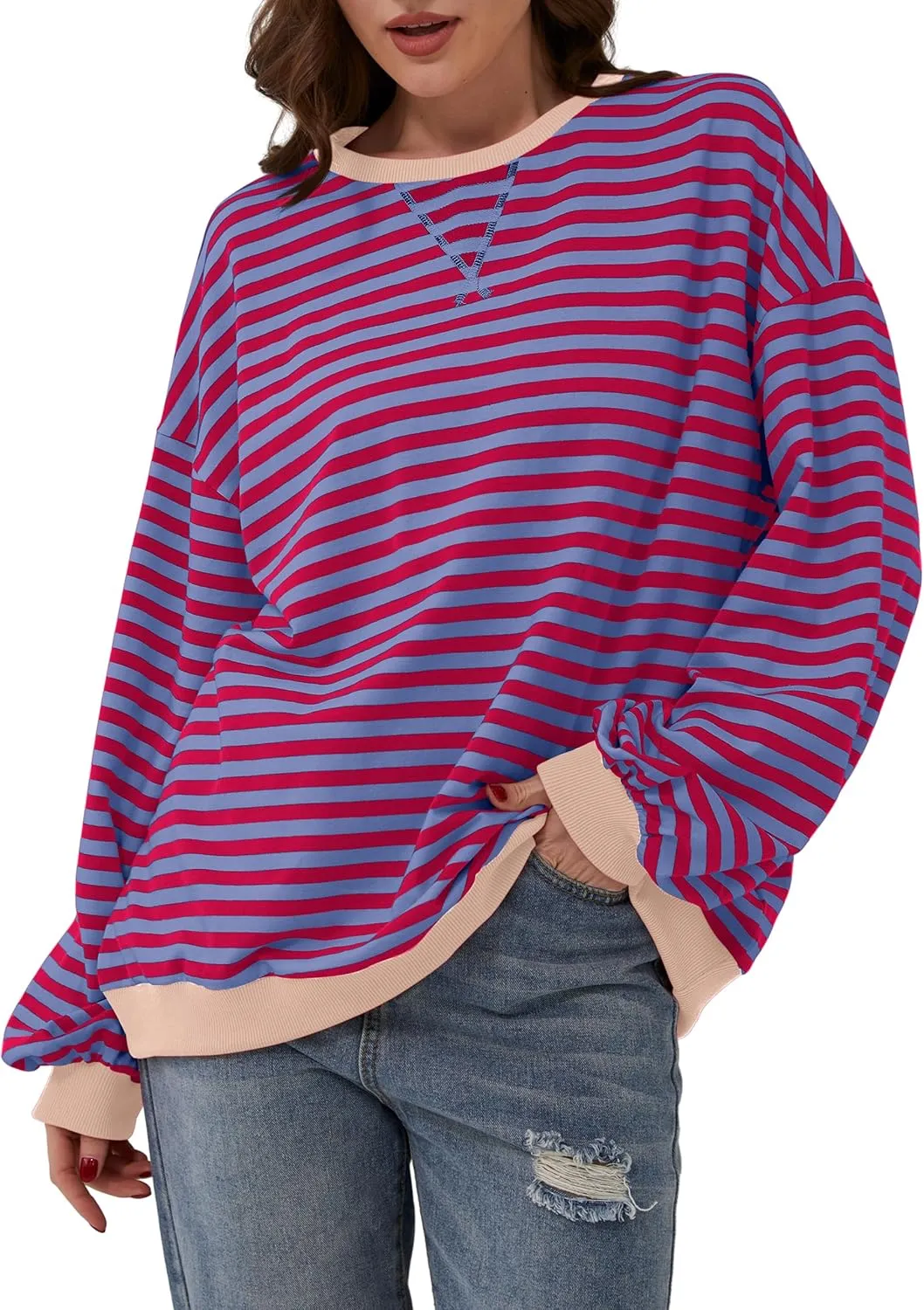 Women Oversized Striped Color Block Long Sleeve Crew Neck Sweatshirt Casual Loose Pullover Y2K Shirt Top