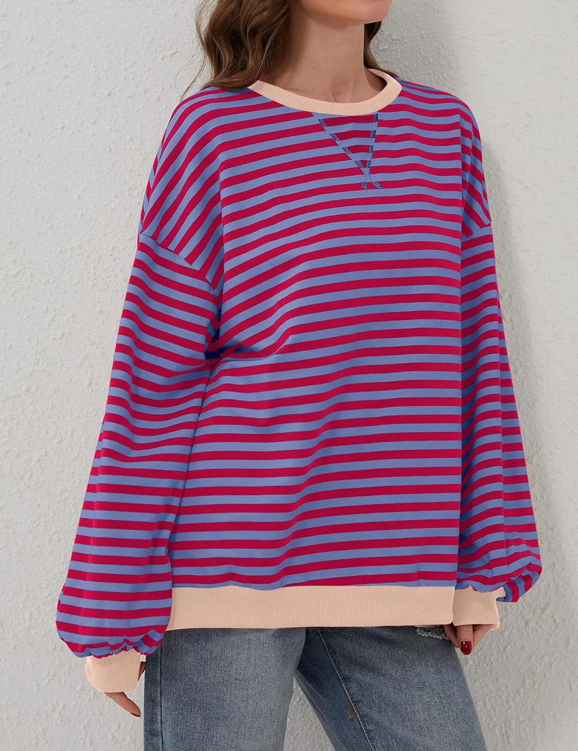 Women Oversized Striped Color Block Long Sleeve Crew Neck Sweatshirt Casual Loose Pullover Y2K Shirt Top