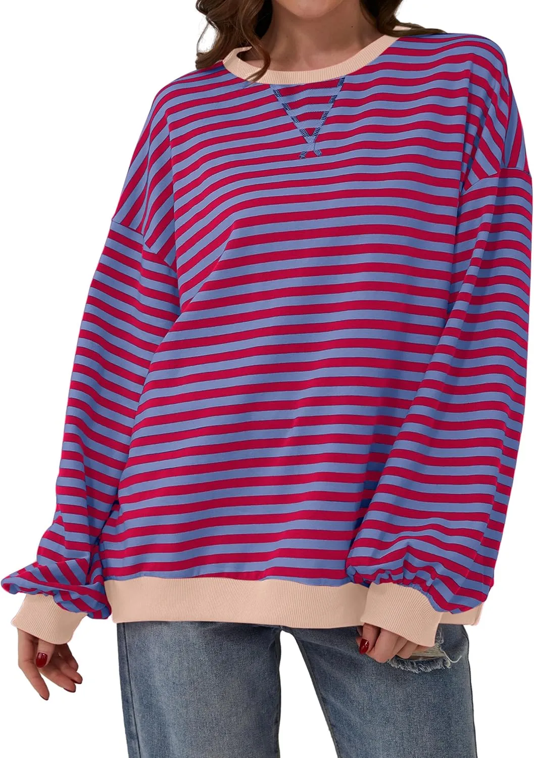 Women Oversized Striped Color Block Long Sleeve Crew Neck Sweatshirt Casual Loose Pullover Y2K Shirt Top