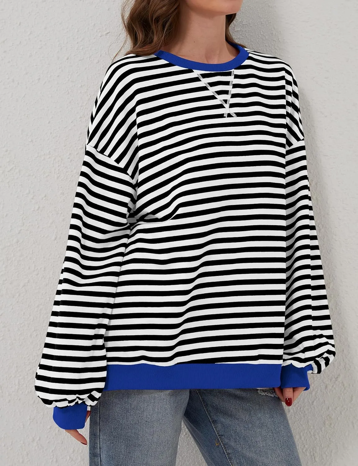 Women Oversized Striped Color Block Long Sleeve Crew Neck Sweatshirt Casual Loose Pullover Y2K Shirt Top