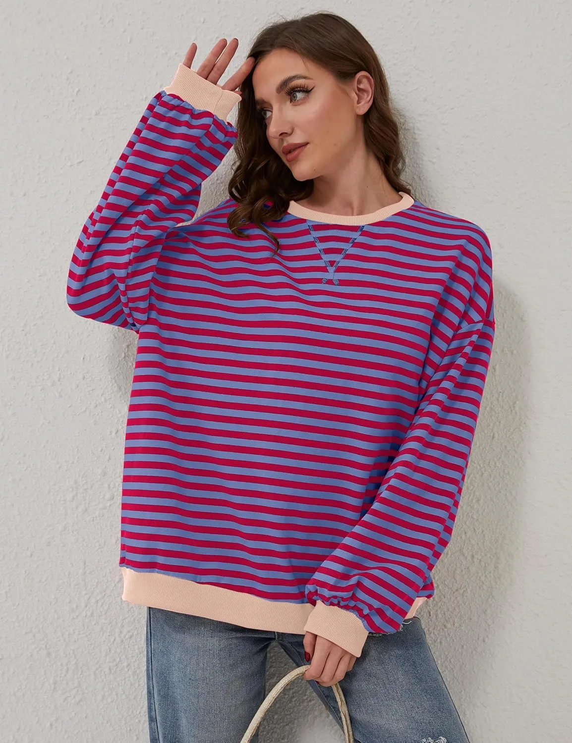 Women Oversized Striped Color Block Long Sleeve Crew Neck Sweatshirt Casual Loose Pullover Y2K Shirt Top