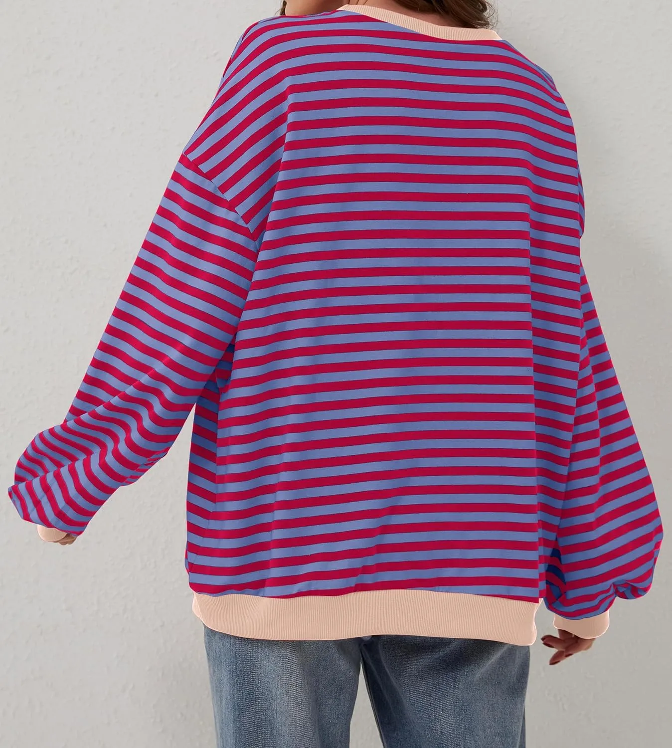 Women Oversized Striped Color Block Long Sleeve Crew Neck Sweatshirt Casual Loose Pullover Y2K Shirt Top