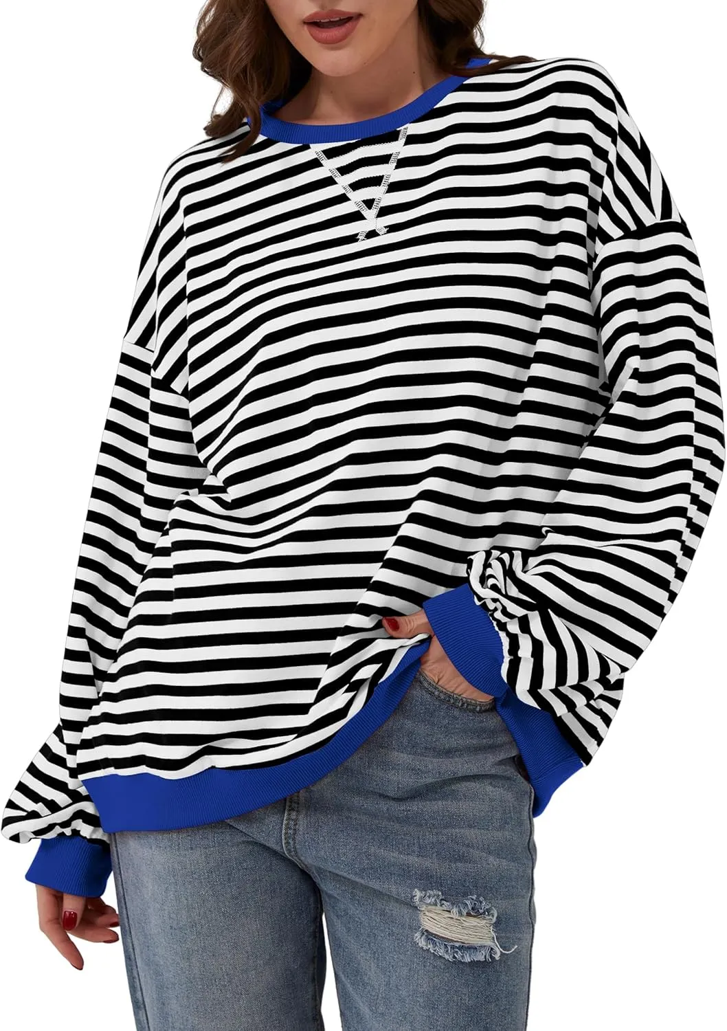 Women Oversized Striped Color Block Long Sleeve Crew Neck Sweatshirt Casual Loose Pullover Y2K Shirt Top