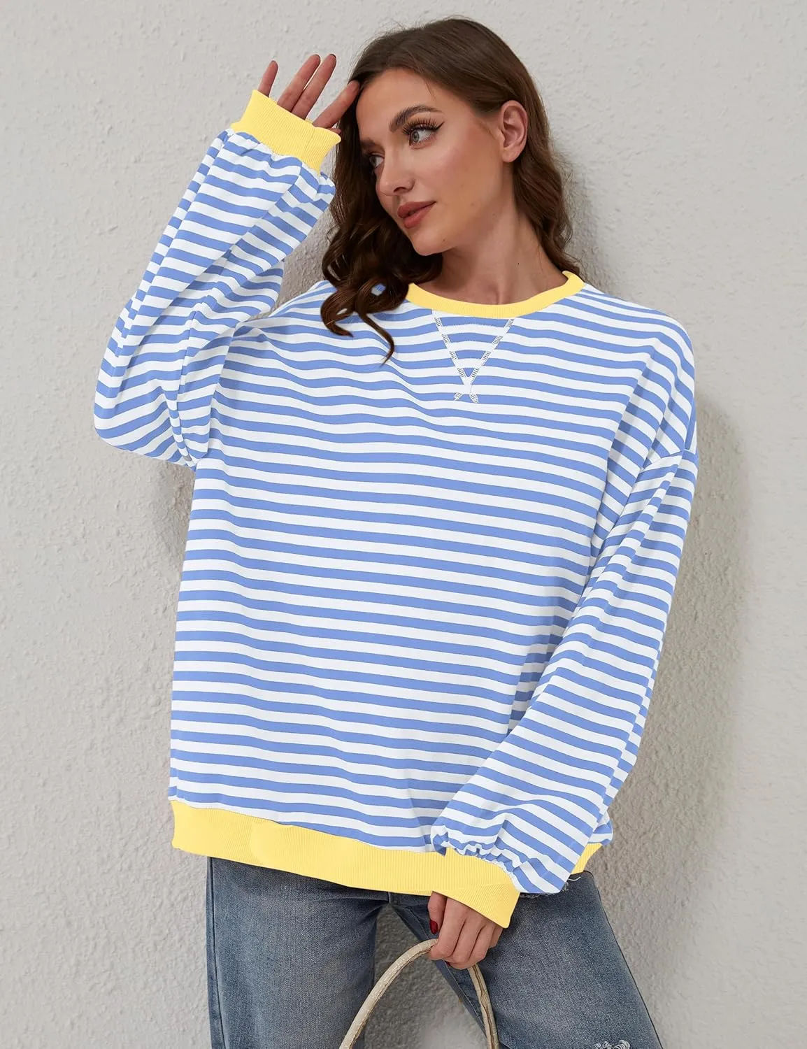 Women Oversized Striped Color Block Long Sleeve Crew Neck Sweatshirt Casual Loose Pullover Y2K Shirt Top