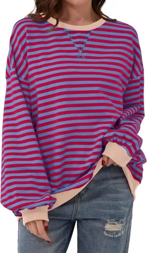 Women Oversized Striped Color Block Long Sleeve Crew Neck Sweatshirt Casual Loose Pullover Y2K Shirt Top
