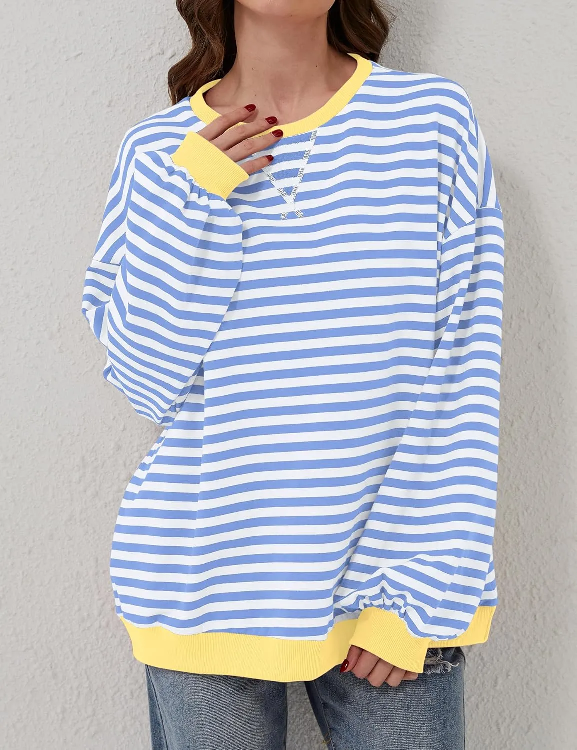 Women Oversized Striped Color Block Long Sleeve Crew Neck Sweatshirt Casual Loose Pullover Y2K Shirt Top
