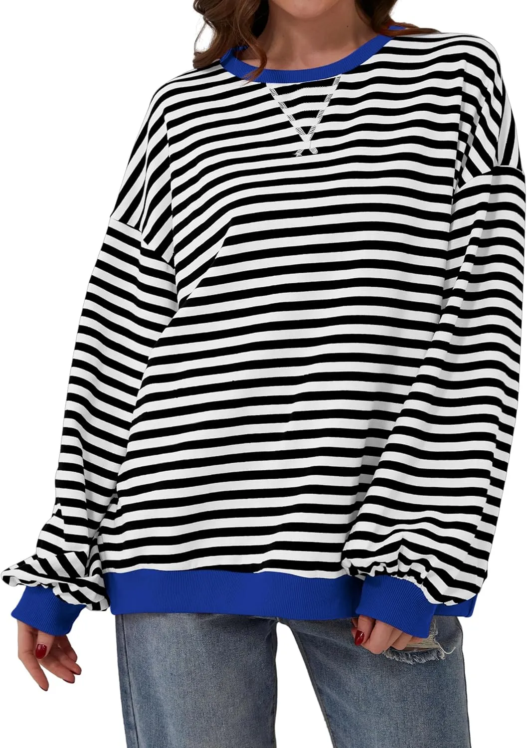 Women Oversized Striped Color Block Long Sleeve Crew Neck Sweatshirt Casual Loose Pullover Y2K Shirt Top