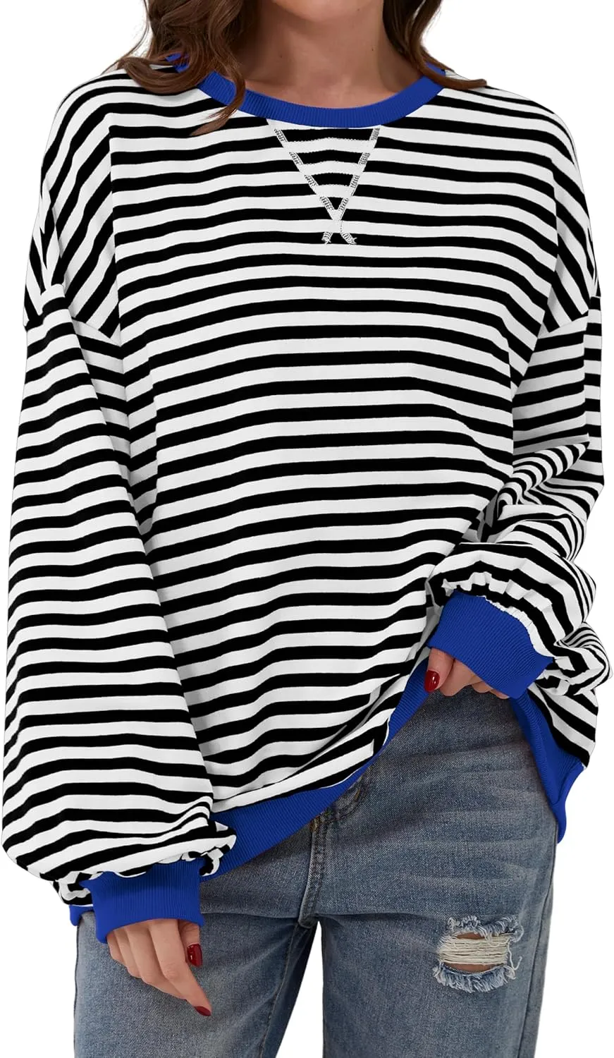 Women Oversized Striped Color Block Long Sleeve Crew Neck Sweatshirt Casual Loose Pullover Y2K Shirt Top