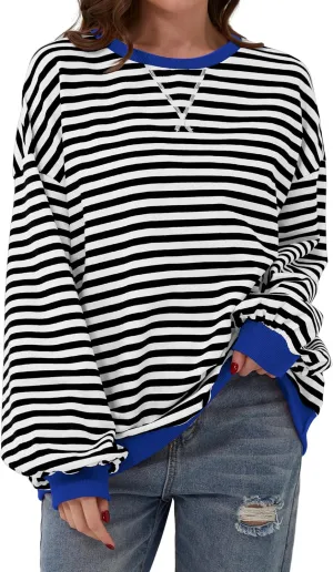 Women Oversized Striped Color Block Long Sleeve Crew Neck Sweatshirt Casual Loose Pullover Y2K Shirt Top