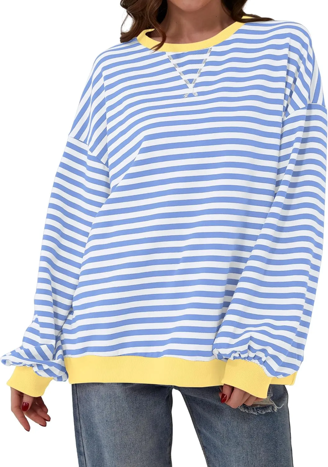 Women Oversized Striped Color Block Long Sleeve Crew Neck Sweatshirt Casual Loose Pullover Y2K Shirt Top