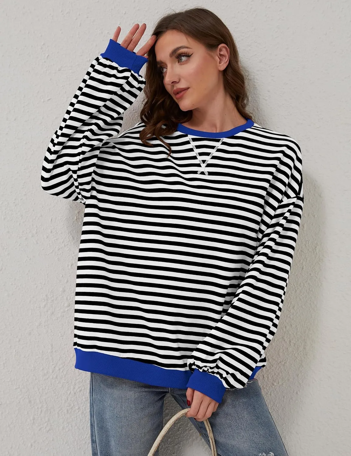 Women Oversized Striped Color Block Long Sleeve Crew Neck Sweatshirt Casual Loose Pullover Y2K Shirt Top