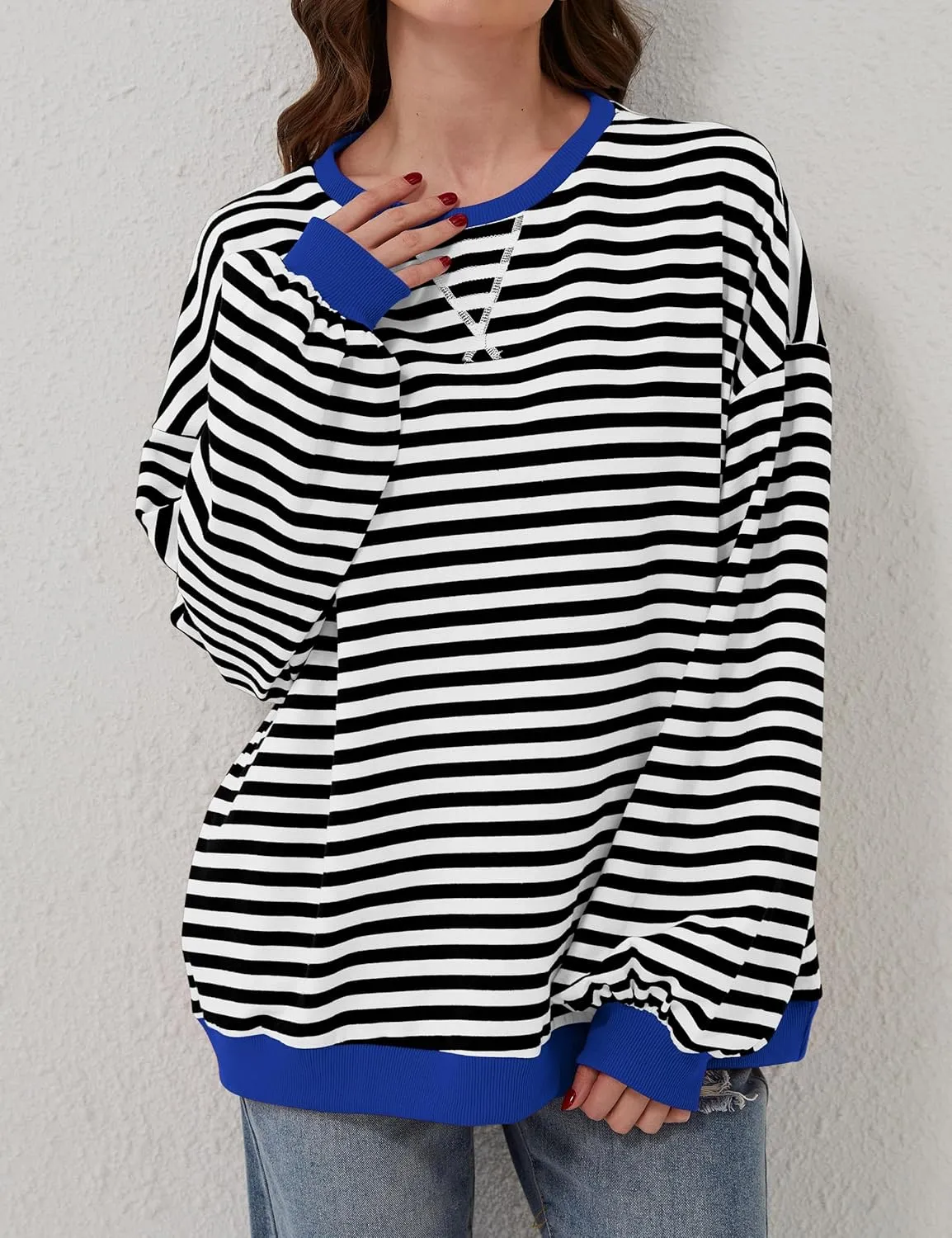 Women Oversized Striped Color Block Long Sleeve Crew Neck Sweatshirt Casual Loose Pullover Y2K Shirt Top