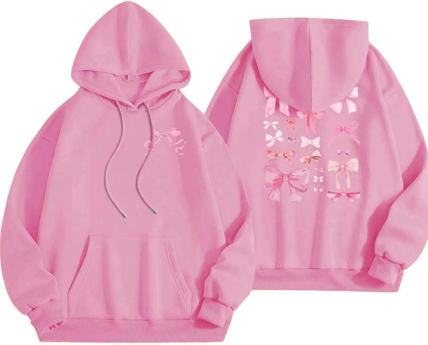 Women Pink Hoodie Cute Teen Girls Crewneck Graphic Hoodies Drawstring Pullover Sweatshirts Y2K Preppy Pocket Sweatshirt
