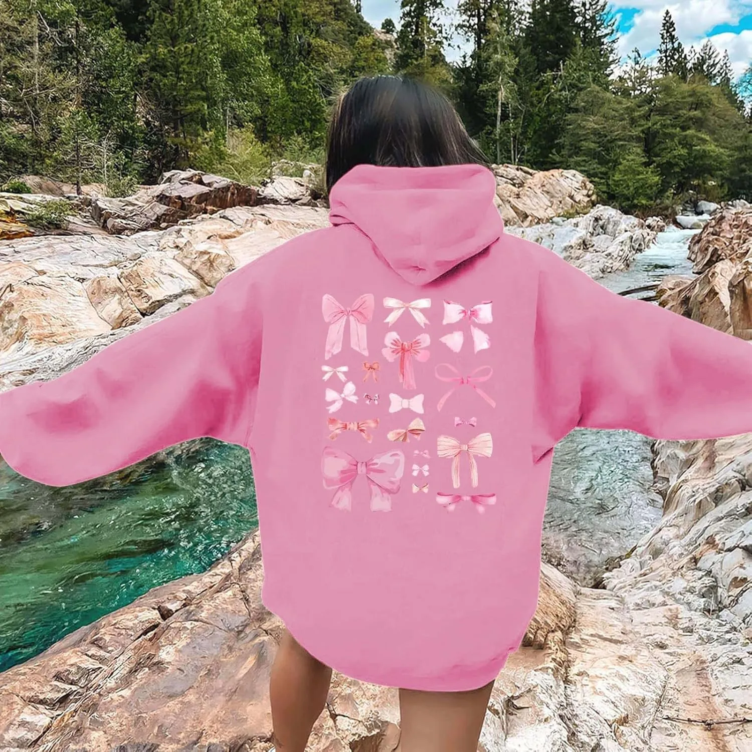 Women Pink Hoodie Cute Teen Girls Crewneck Graphic Hoodies Drawstring Pullover Sweatshirts Y2K Preppy Pocket Sweatshirt