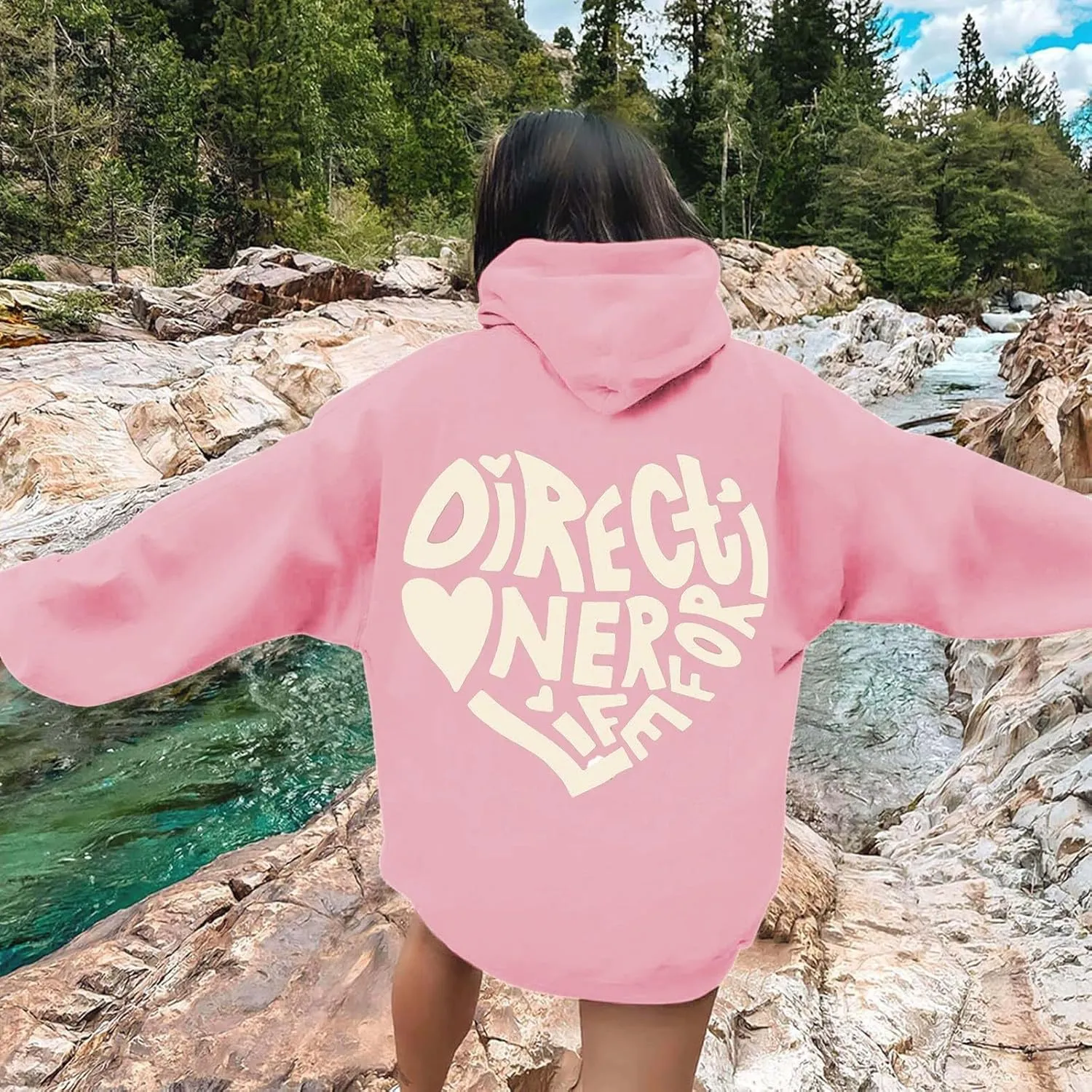 Women Pink Hoodie Cute Teen Girls Crewneck Graphic Hoodies Drawstring Pullover Sweatshirts Y2K Preppy Pocket Sweatshirt