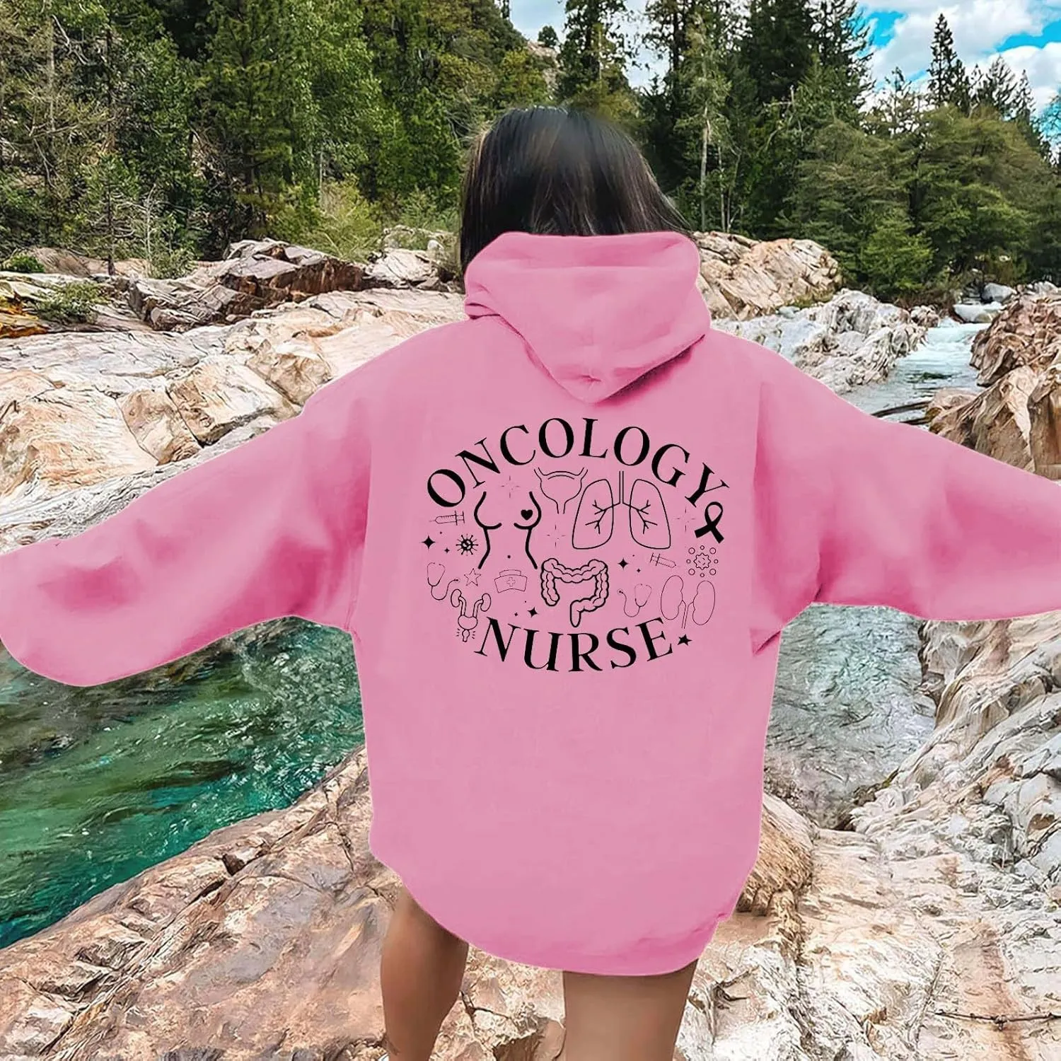 Women Pink Hoodie Cute Teen Girls Crewneck Graphic Hoodies Drawstring Pullover Sweatshirts Y2K Preppy Pocket Sweatshirt
