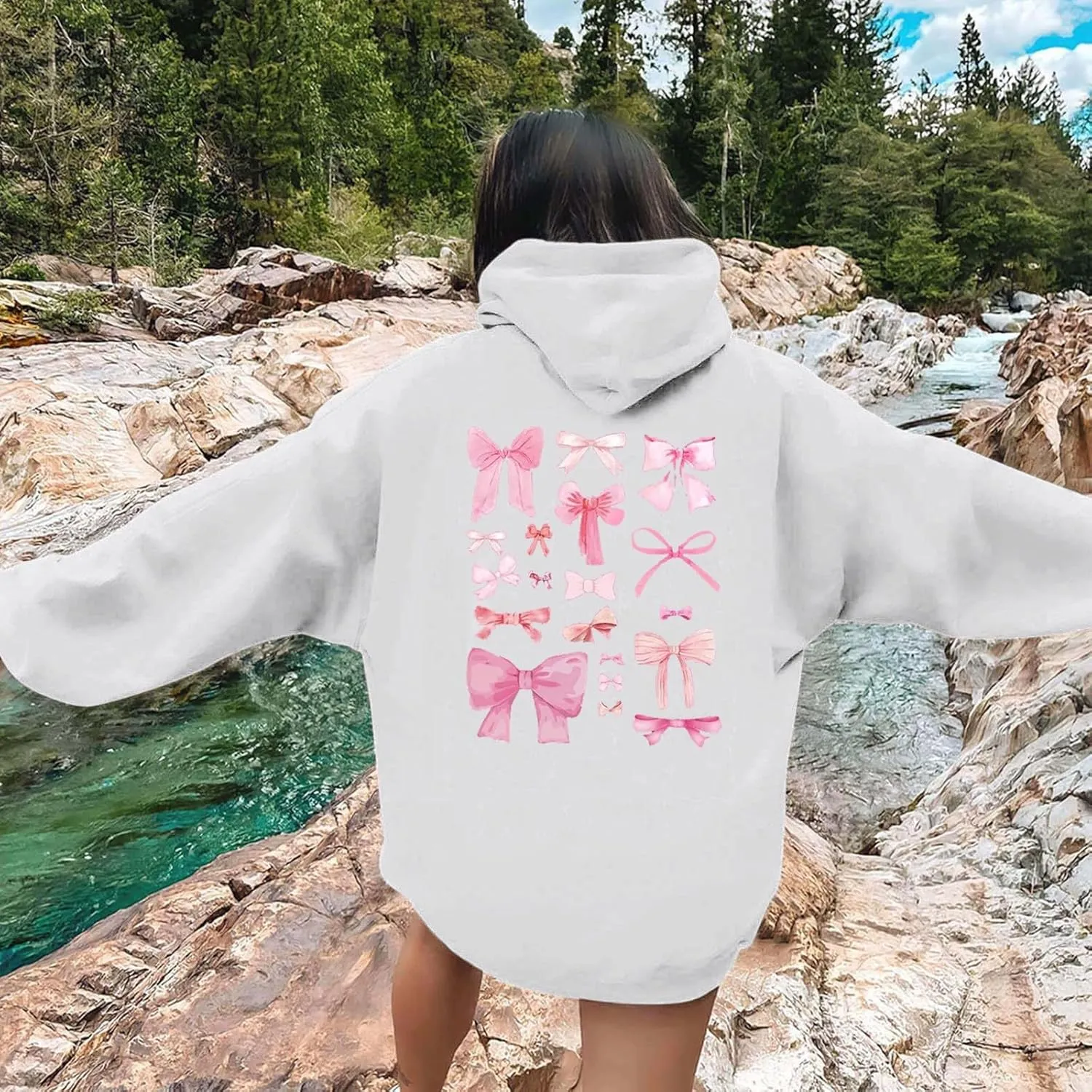 Women Pink Hoodie Cute Teen Girls Crewneck Graphic Hoodies Drawstring Pullover Sweatshirts Y2K Preppy Pocket Sweatshirt