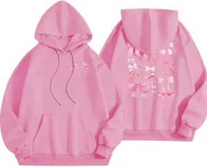 Women Pink Hoodie Cute Teen Girls Crewneck Graphic Hoodies Drawstring Pullover Sweatshirts Y2K Preppy Pocket Sweatshirt