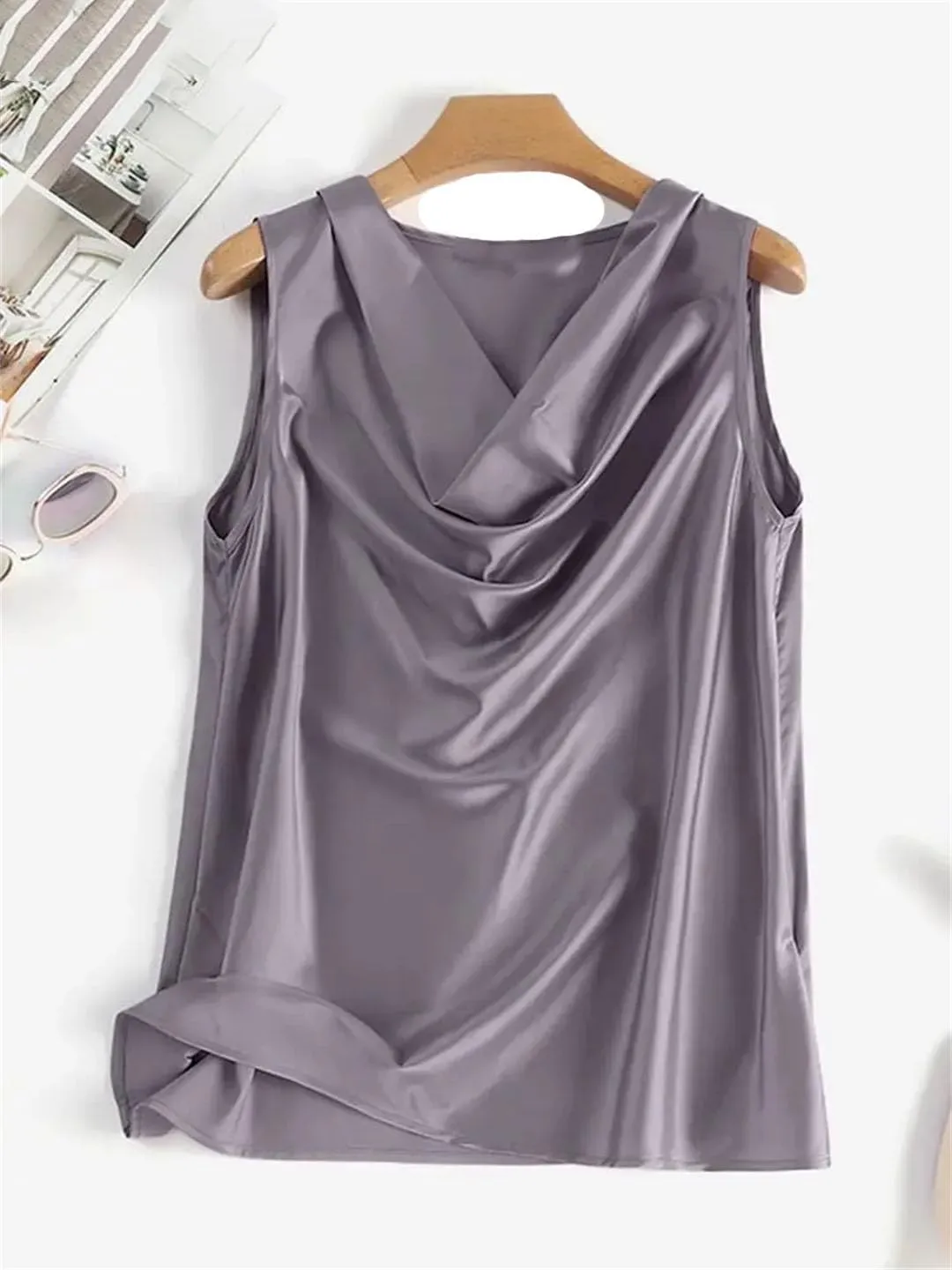 Women Satin Solid Color Sleeveless Tank Tops Elegant Korean Style Sexy Office Cowl Neck Camisole