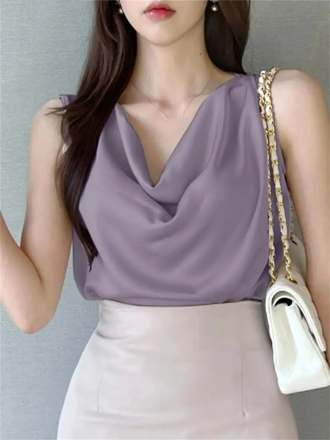 Women Satin Solid Color Sleeveless Tank Tops Elegant Korean Style Sexy Office Cowl Neck Camisole
