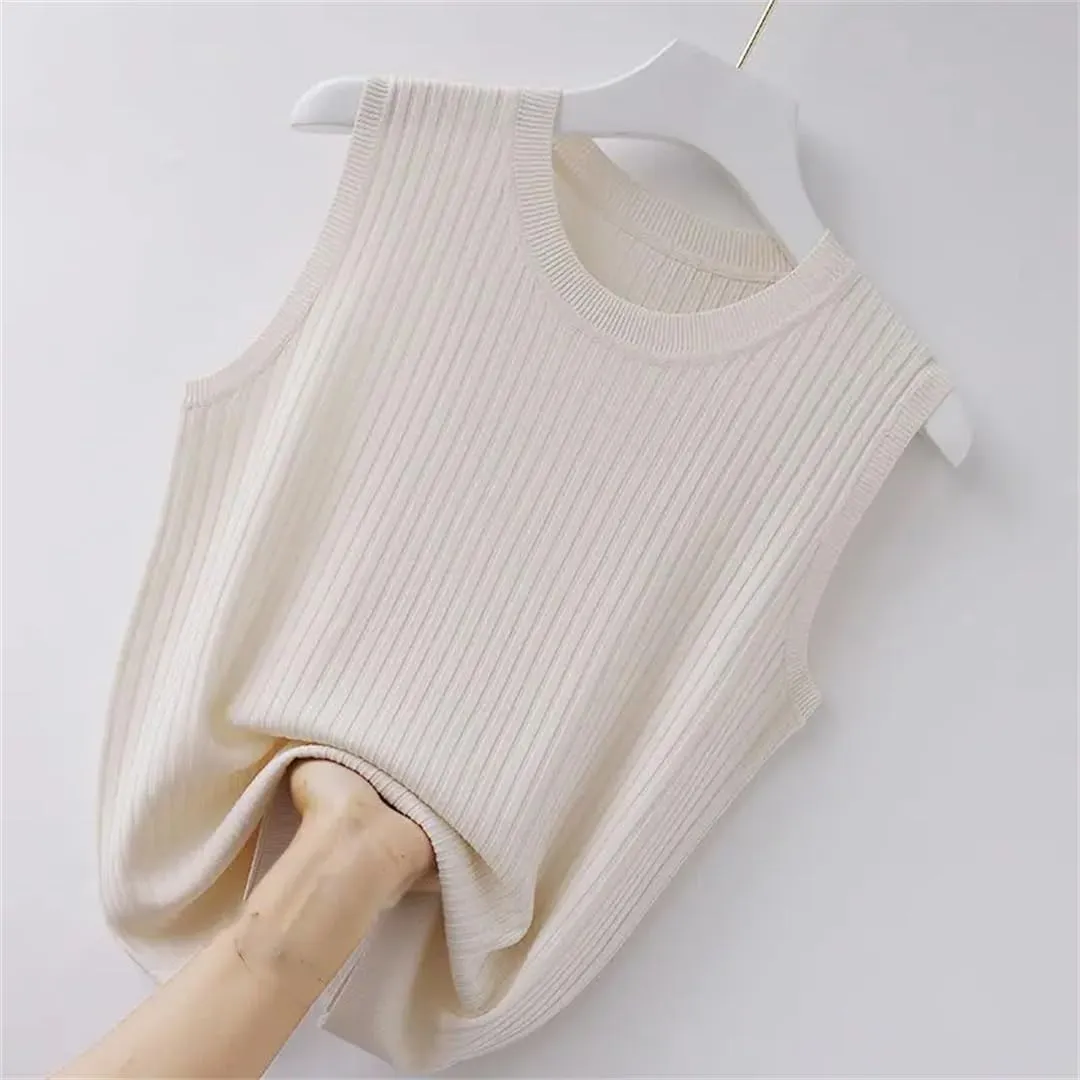 Women Solid Crop Camisole Knit Slim Sleeveless V-Neck Casual Tops
